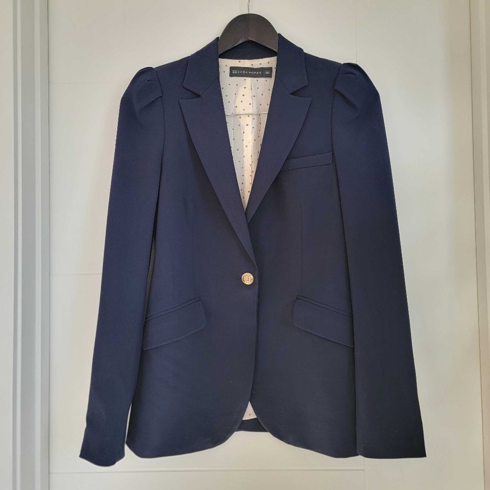 Zara Navy Blazer with Puff Sleeves